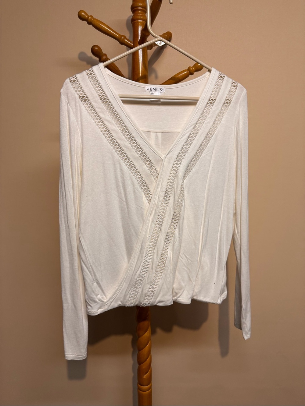 VENUS White Lace-Trim Wrap Long-Sleeve Top Size XS
